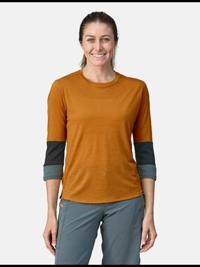 NWT Patagonia Womens Merino 3/4 sleeved Bike Jersey Size M Golden Caramel